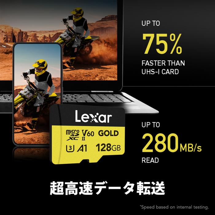 Lexar Professional Gold MicroSDXCカード UHS-II C10 U3 V60 A1 フルHD 4K UHD 最大280MB/s LMSGOLD128G-BNNNG 商品画像2：FAST-Online