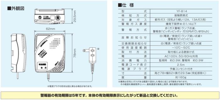 矢崎エナジーシステム YF-814 キャッチャー 都市ガス 警報機 単体音声型 壁掛け式 100Vタイプ 商品画像3：住設本舗 PLUS