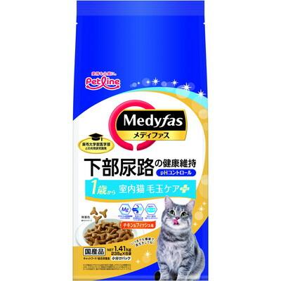 【ペットライン】メディファス　室内猫　毛玉ケアプラス　１歳から　チキン＆フィッシュ味　１．４１ｋｇ（２３５ｇ×６） ☆ペット用品 ※お取り寄せ商品【賞味期限：3ヵ月以上】 商品画像1：メディストック　カーゴ店