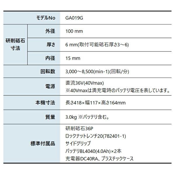 マキタ 40Vmax 充電式ディスクグラインダ 100mm バッテリー ・充電器付き GA019GRMX 商品画像2：ニッチ・リッチ・キャッチKaago店