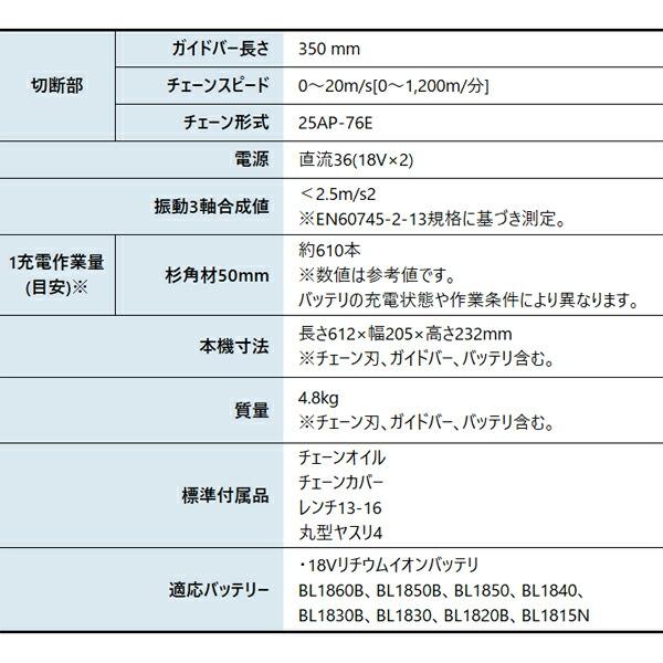 マキタ 36V 充電式チェンソー 350mm25AP 青 本体のみ MUC356DZF 商品画像2：ニッチ・リッチ・キャッチKaago店