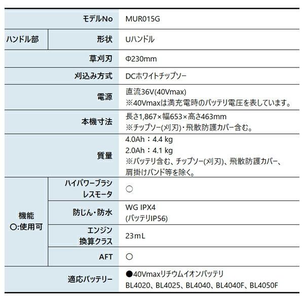 マキタ 40Vmax 充電式草刈機 Uハンドル バッテリー ・充電器付き MUR015GWA 商品画像2：ニッチ・リッチ・キャッチKaago店