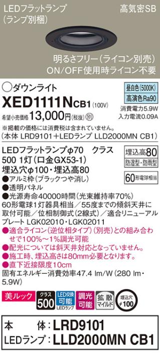 パナソニック 軒下用ダウンライト XED1111NCB1(本体:LRD9101+ランプ:LLD2000MNCB1)(60形)(拡散)(昼白色)(電気工事必要)Panasonic 商品画像1：日昭電気