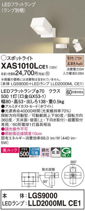 パナソニック (直付)スポットライト XAS1010LCE1(本体:LGS9000+ランプ:LLD200･･･