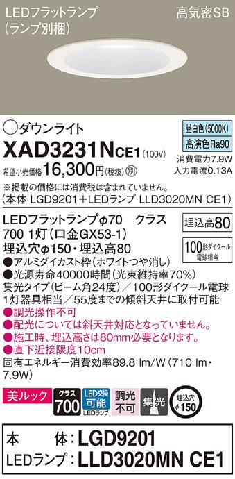 パナソニック ダウンライト XAD3231NCE1(本体:LGD9201+ランプ:LLD3020MNCE1)(100形)(集光)(昼白色)(電気工事必要)Panasonic 商品画像1：日昭電気