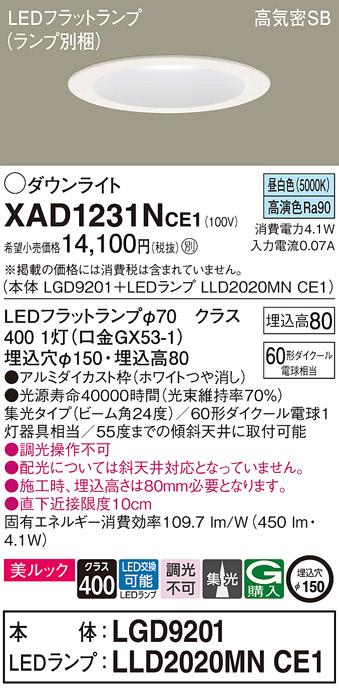 パナソニック ダウンライト XAD1231NCE1(本体:LGD9201+ランプ:LLD2020MNCE1)(60形)(集光)(昼白色)(電気工事必要)Panasonic 商品画像1：日昭電気