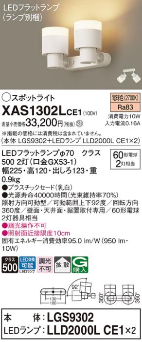 パナソニック (直付)スポットライト XAS1302LCE1(本体:LGS9302+ランプ:LLD200･･･
