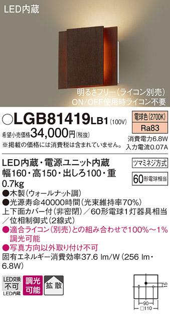 （ライコン別売）LEDブラケット（木製：ウォールナット調） LGB81419LB1 （電･･･