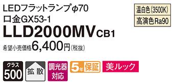パナソニック LEDフラットランプ LLD2000MVCB1LEDフラットランプΦ70・(温白色)・拡散Panasonic 商品画像1：日昭電気