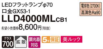 パナソニック LEDフラットランプ LLD4000MLCB1LEDフラットランプΦ70・(電球色)・拡散Panasonic 商品画像1：日昭電気