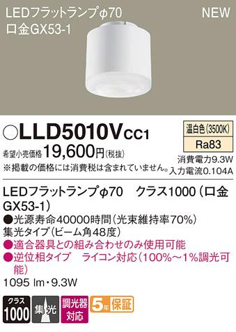 LEDフラットランプ パナソニック LLD5010VCC1ライコン対応(温白色･集光) Panasonic 商品画像1：日昭電気
