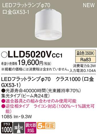 LEDフラットランプ パナソニック LLD5020VCC1ライコン対応(温白色･集光) Panasonic 商品画像1：日昭電気