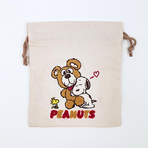 スヌーピー サガラ刺しゅう巾着 ブラウン SNOOPY