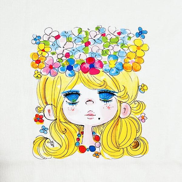 水森亜土 お花の少女柄 オーガニックコットン半袖Tシャツ(L) ホワイト アパレル 商品画像2：キャラグッズPERFECT WORLD TOKYO