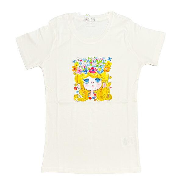 水森亜土 お花の少女柄 オーガニックコットン半袖Tシャツ(L) ホワイト アパレ･･･