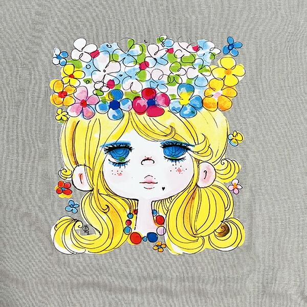水森亜土 お花の少女柄 オーガニックコットン半袖Tシャツ(M) グレー アパレル 商品画像2：キャラグッズPERFECT WORLD TOKYO