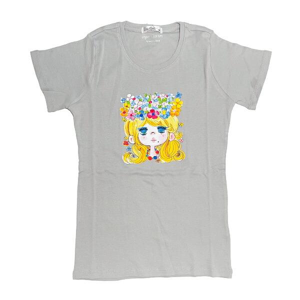 水森亜土 お花の少女柄 オーガニックコットン半袖Tシャツ(M) グレー アパレル