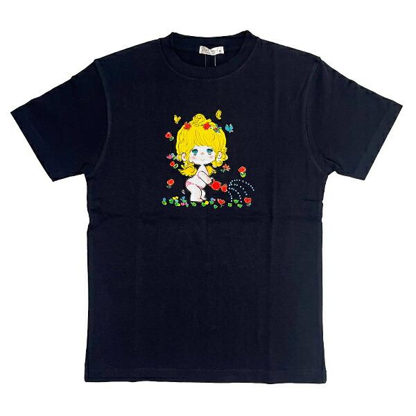水森亜土 水やり柄 コットン半袖Tシャツ(M) ネイビー アパレル