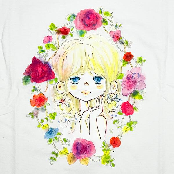 水森亜土 お花の少女柄 プリント半袖Tシャツ(L) ホワイト アパレル 商品画像2：キャラグッズPERFECT WORLD TOKYO