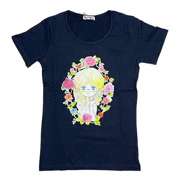 水森亜土 お花の少女柄 プリント半袖Tシャツ(LL) ネイビー アパレル
