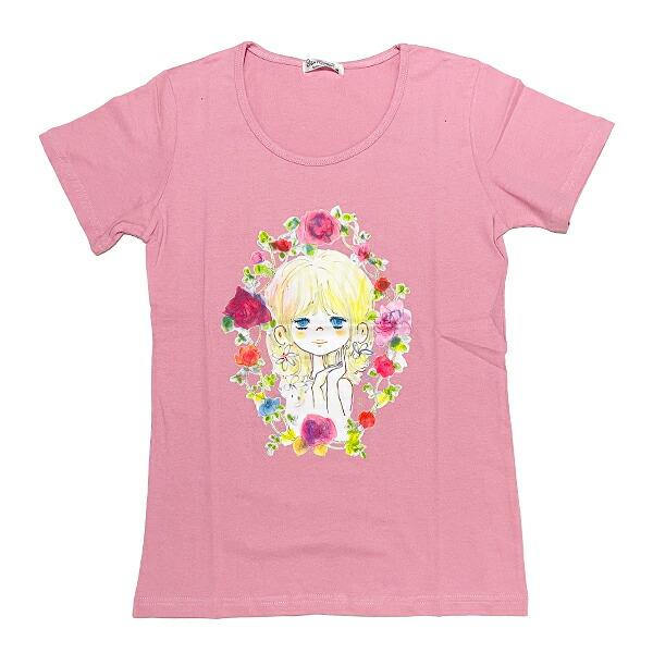 水森亜土 お花の少女柄 プリント半袖Tシャツ(M) ローズピンク アパレル