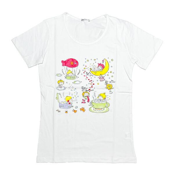 水森亜土 水プリント柄 プリント半袖Tシャツ(M) ホワイト アパレル
