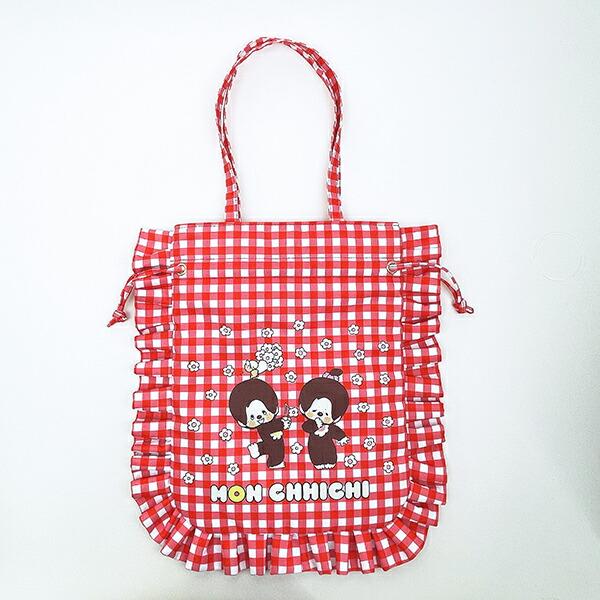 モンチッチ ギンガムチェック フリル巾着トートバッグ 赤 レトロ