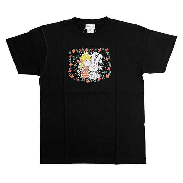 水森亜土 ウサギ＆ガール 半袖Tシャツ(M) ブラック アパレル