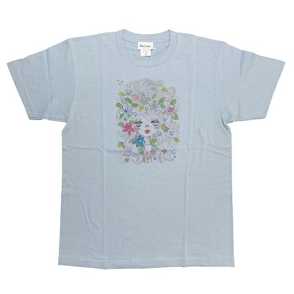 水森亜土 フェイスフラワー 半袖Tシャツ(M) ブルー アパレル