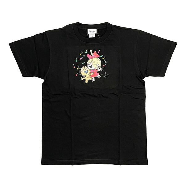 水森亜土 ネコ＆ガール 半袖Tシャツ(M) ブラック アパレル