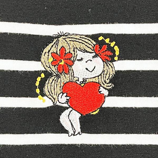 水森亜土 刺繍ボーダーロングTシャツ ハート ホワイト×ブラック 長袖 アパレル 商品画像2：キャラグッズPERFECT WORLD TOKYO