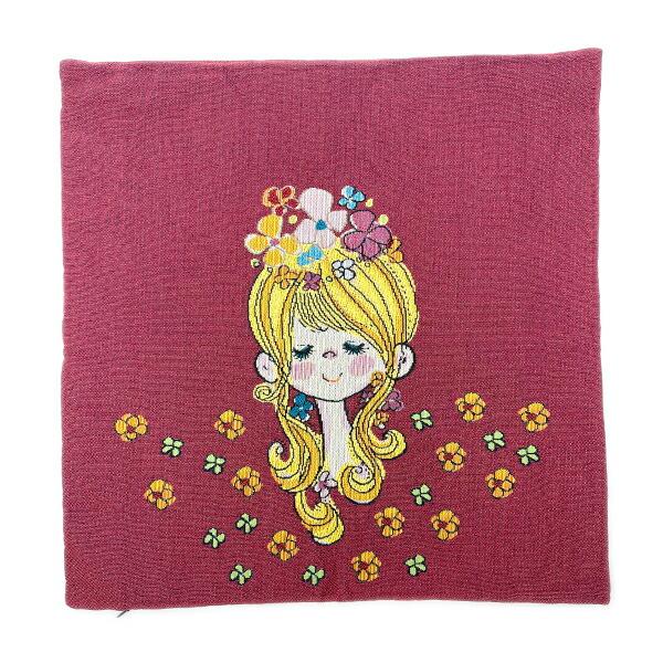 水森亜土 和雑貨 ゴブラン クッションカバー フラワー バーガンディー