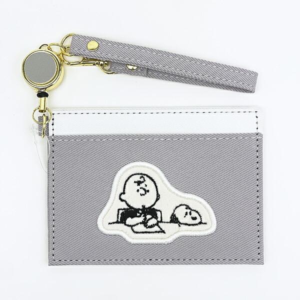 スヌーピー リール付きシングルパスケース アップリケ グレー 定期入れ SNOOP･･･
