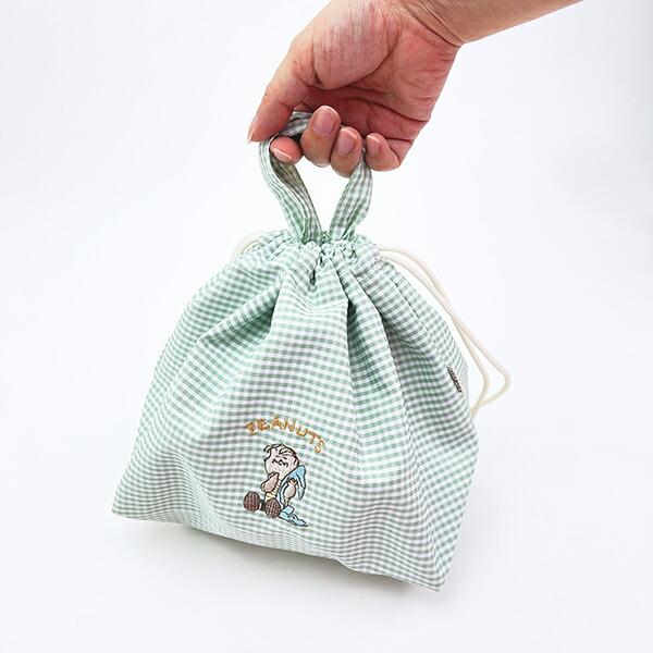 スヌーピー ライナス 巾着ランチバッグ グリーンチェック SNOOPY 商品画像4：キャラグッズPERFECT WORLD TOKYO