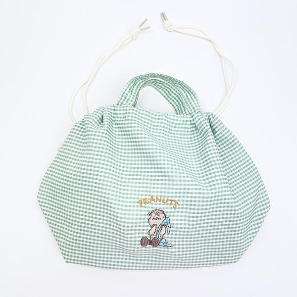 スヌーピー ライナス 巾着ランチバッグ グリーンチェック SNOOPY