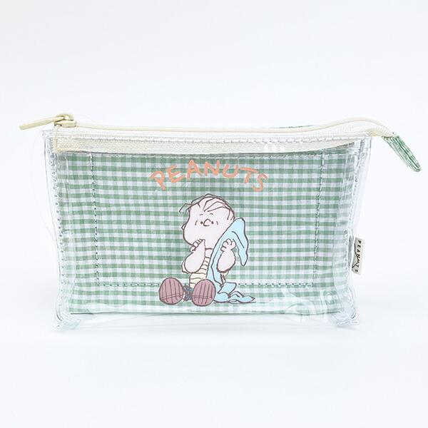 スヌーピー ライナス 3ポケットポーチ グリーンチェック SNOOPY