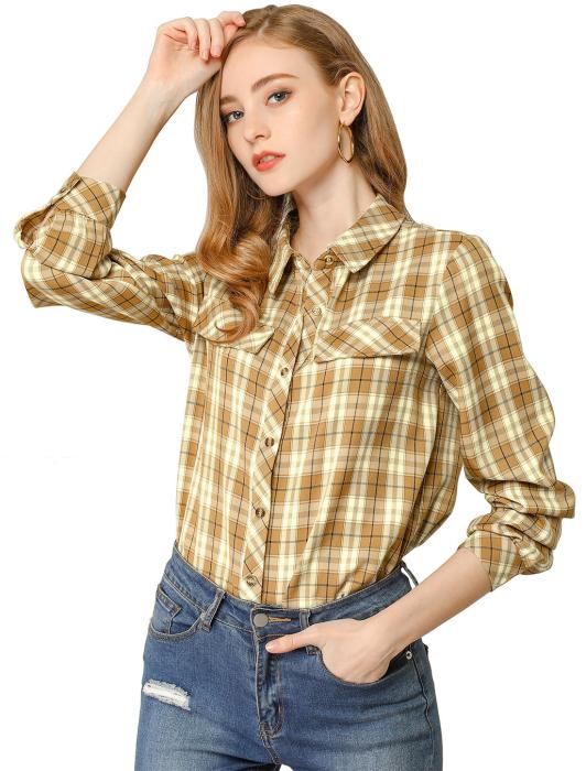 Allegra K タータンチェック シャツ 格子 チェック柄 ボタンダウン 長袖 レディース イエロー XL 商品画像2：soten co