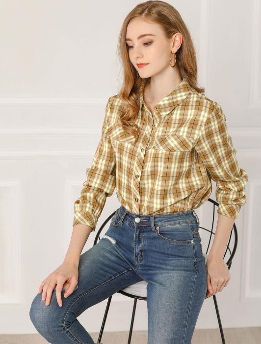 Allegra K タータンチェック シャツ 格子 チェック柄 ボタンダウン 長袖 レディース イエロー XL 商品画像4：soten co