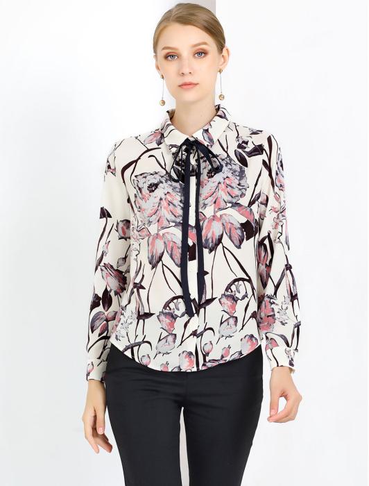 Allegra K ボウタイブラウス オフィス シャツ 花柄 ボタンダウン 長袖 レディース ベージュ S 商品画像2：soten co