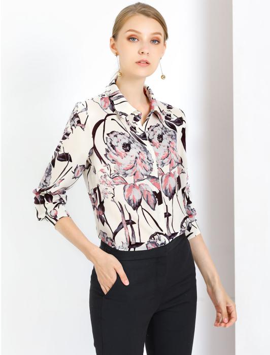Allegra K ボウタイブラウス オフィス シャツ 花柄 ボタンダウン 長袖 レディース ベージュ S 商品画像3：soten co