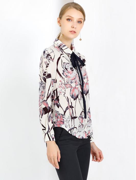 Allegra K ボウタイブラウス オフィス シャツ 花柄 ボタンダウン 長袖 レディース ベージュ S 商品画像4：soten co