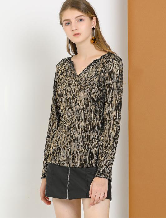 Allegra K メタリック トップス Vネック ストレッチ ラグランスリーブ 袖フリル 長袖 レディース ブラック M 商品画像4：soten co