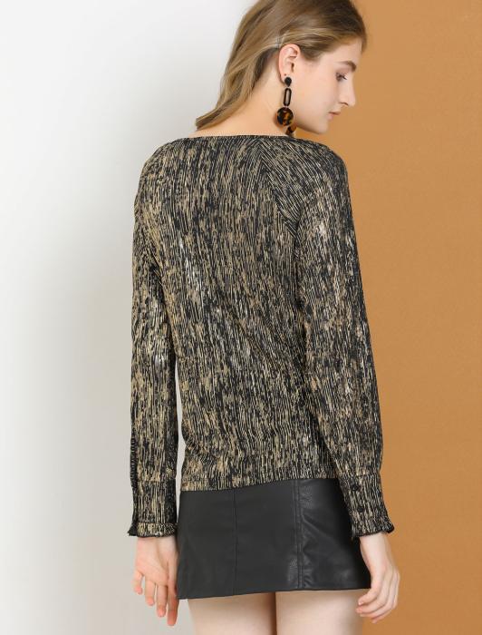 Allegra K メタリック トップス Vネック ストレッチ ラグランスリーブ 袖フリル 長袖 レディース ブラック M 商品画像5：soten co