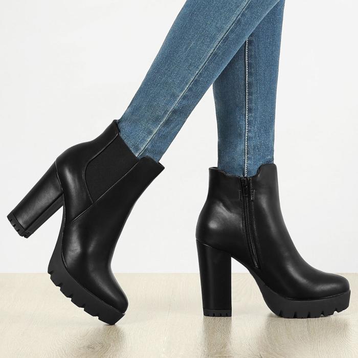 Allegra K アンクルブーツ プラットフォーム ラウンドトゥ ジッパー ブロックヒール レディース ブラック 23.5 cm 商品画像2：soten co
