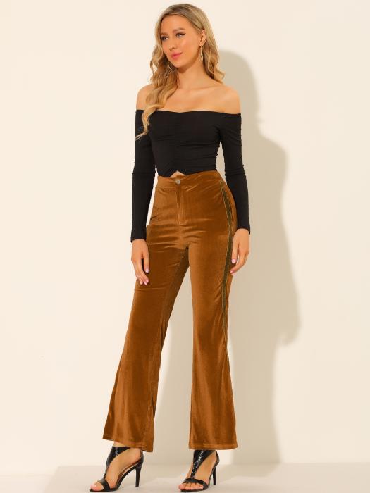 Allegra K ベルボトムパンツ ベルベットフレアパンツ シャイニー ストライプサイド ワイドレッグ ポケット付き レディース ブラウン L 商品画像2：soten co