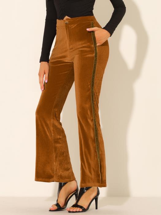 Allegra K ベルボトムパンツ ベルベットフレアパンツ シャイニー ストライプサイド ワイドレッグ ポケット付き レディース ブラウン L 商品画像4：soten co