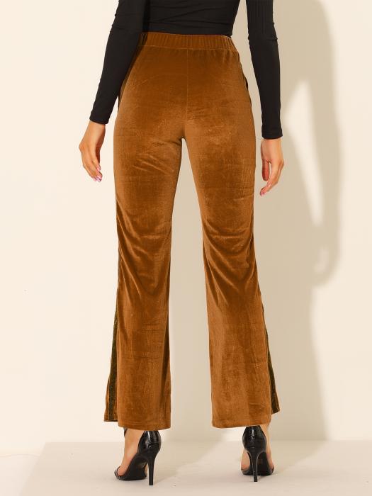 Allegra K ベルボトムパンツ ベルベットフレアパンツ シャイニー ストライプサイド ワイドレッグ ポケット付き レディース ブラウン L 商品画像5：soten co