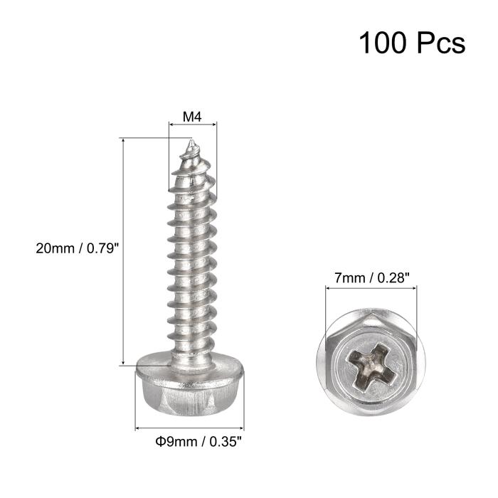 フィリップス六角ワッシャーセルフタッピングねじ 304ステンレス鋼 六角フランジ板金ねじ M4x20 mm 100個 商品画像2：soten co