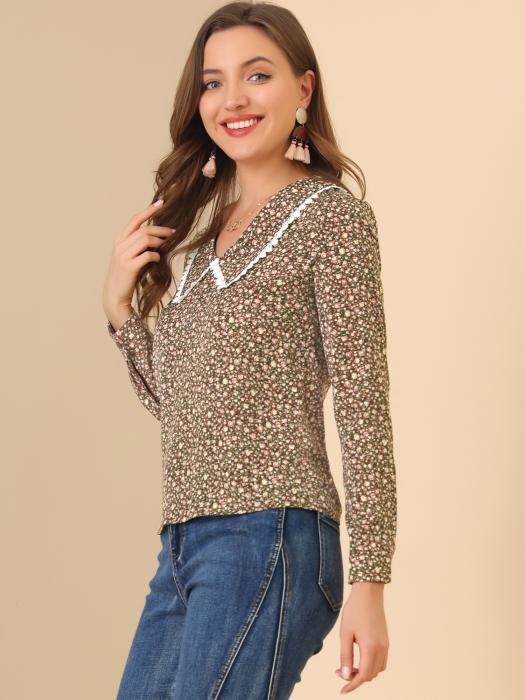 Allegra K 花柄 シャツ ブラウストップス Vネック カジュアル 長袖 ヴィンテージ レディース ブラウン XS 商品画像4：soten co