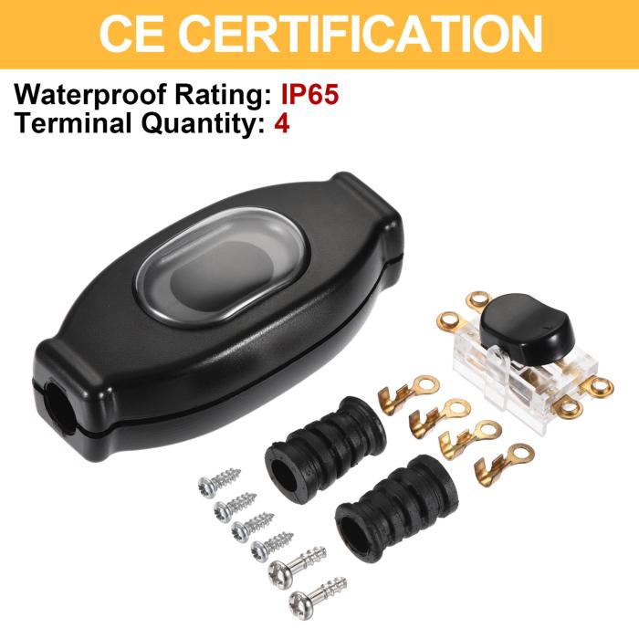 防水アプライアンススイッチ AC 250V 3A ON/OFF インラインコード ロッカースイッチ IP65 ランプ用 ブラック 商品画像2：soten co